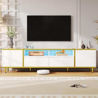 Chic Crate-Modern TV Stand for 80" TVs – 2 Shelves + LED Lights | 2 Drawers & Cabinets | Metal Legs | Living Room
