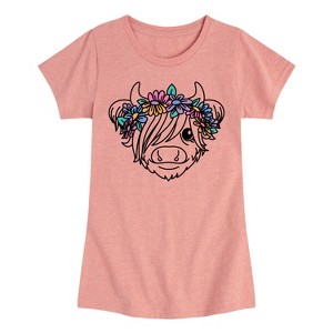 Girls' - Instant Message - Highland Cow Flower Crown Fitted Short Sleeve Graphic T-Shirt - 1 of 4