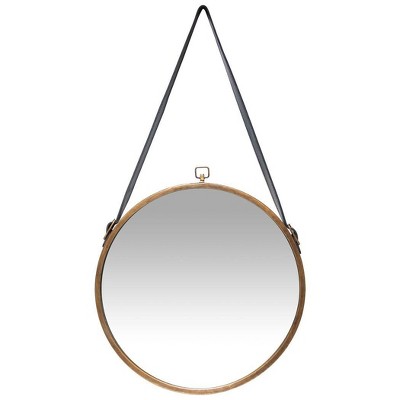 16" Farmhouse Round Hanging Wall Mirror with Frame Leather Strap Brass - Infinity Instruments