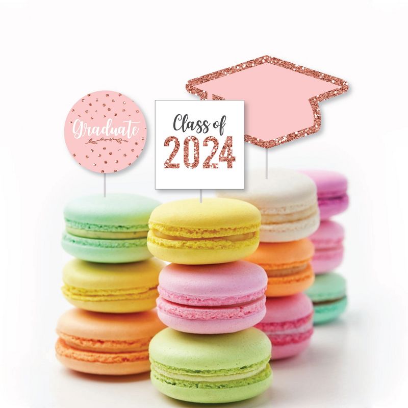 Big Dot of Happiness Rose Gold Grad - Dessert Cupcake Toppers - 2024 Graduation Party Clear Treat Picks - Set of 24, 5 of 8