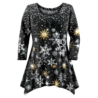 Collections Etc Glistening Snowflakes Sequin Detail 3/4 Length Sleeve Sharkbite Tunic