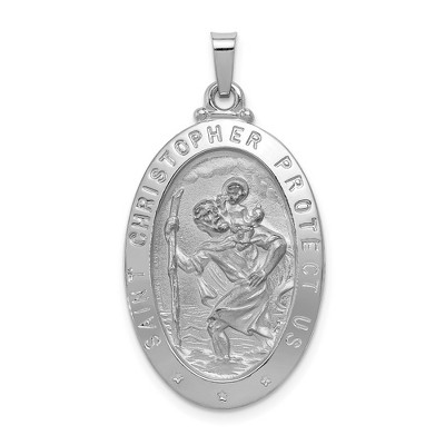 Black Bow Jewelry 14k White Gold Solid Oval Saint Christopher Medal Pendant, 18 x 34mm