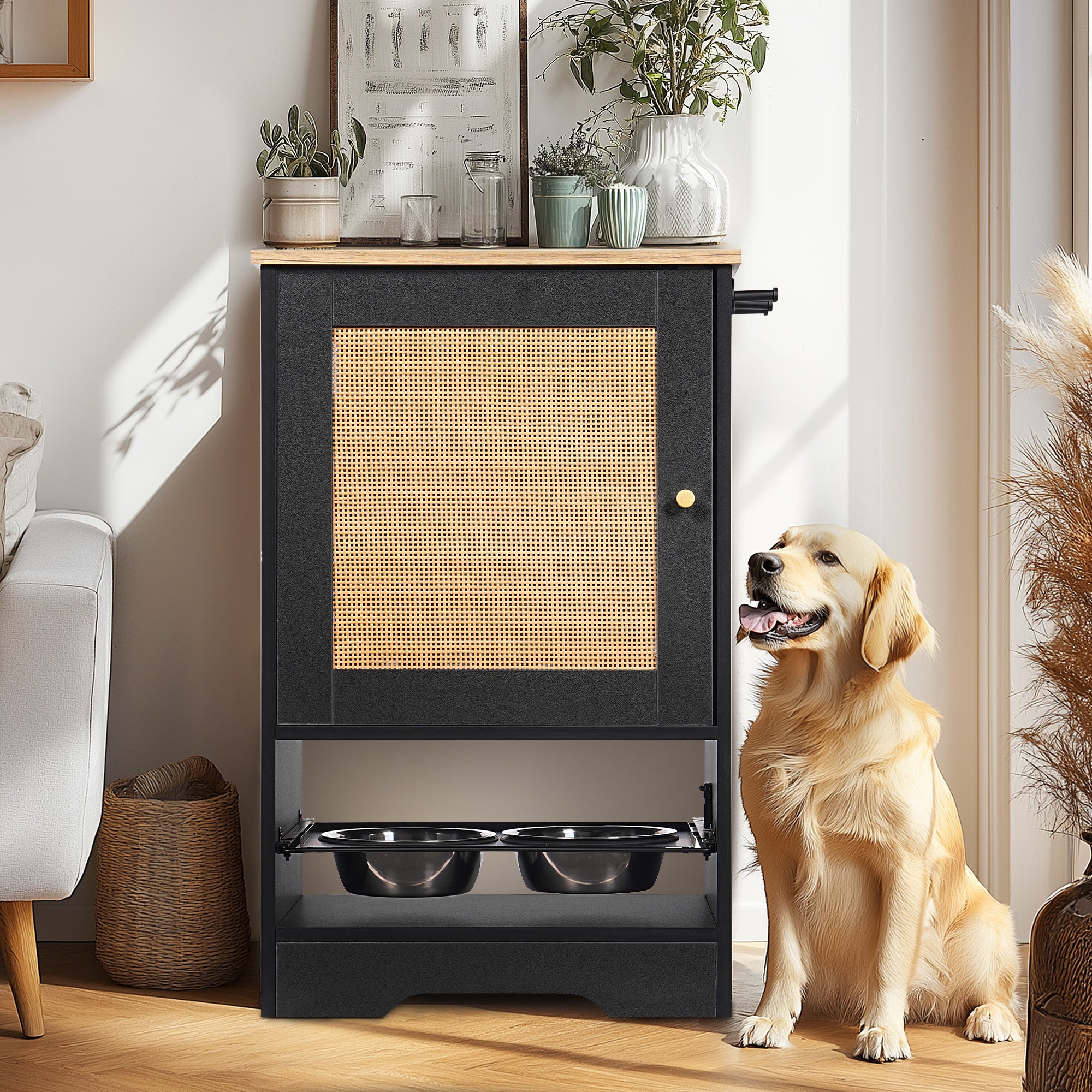 YARDGRACE Feeding Station with 1 Storage Cabinets, Pet Feeding Station with 2 Elevated Dog Bowls, Side Hooks