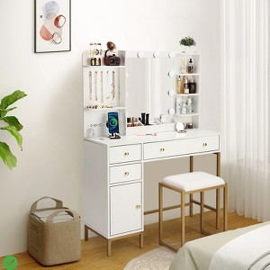Vanity Desk with Power Outlet Makeup Vanity with Chair Lighted Mirror Drawers Storage Shelf - 1 of 4
