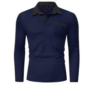 Mens Long Sleeve Polo Shirts Casual Polka Dot Collared Golf Shirt with Pockets - 1 of 4