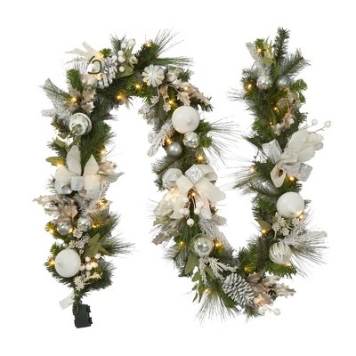Christmas Garland, 9Ft Garland with 30 LED Lights, Artificial Pine Cones, Christmas Ball and Bows for Christmas Decor and Holiday Mantle Decor