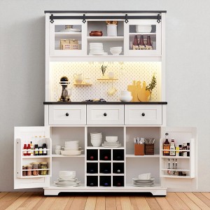 Kitchen Pantry Cabinet with Sliding Doors, USB, RGB Lights, Pegboard, Wine Rack, Glass Holder, 3 Drawers, Hutch Storage for Dining Room - 1 of 4