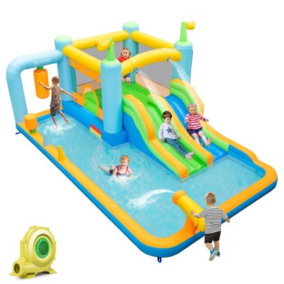 Tangkula Inflatable Water Slide Park Giant Bounce House with Double Long Slides Boxing Splash Pool Jumping Area