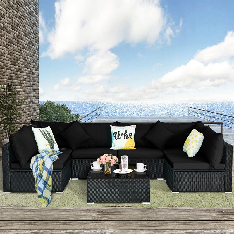 Costway 7PCS Patio Rattan Furniture Set Sectional Sofas Off White & Black Cushion Covers, 4 of 11
