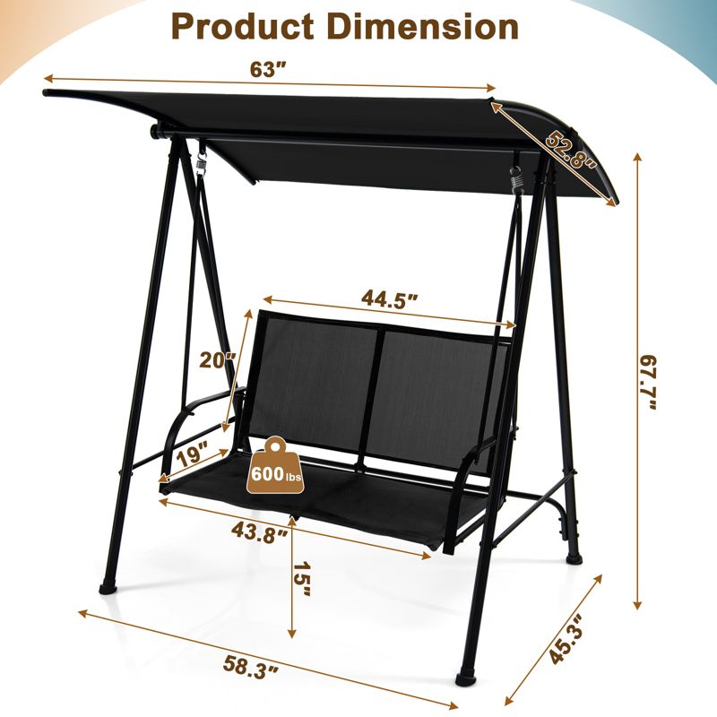 Costway 2-Seat Patio Swing Porch Swing with Adjustable Canopy for Garden Black/Dark Brown, 3 of 10