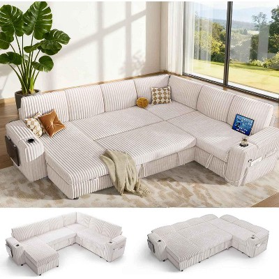 Vipbear 110" Modular Sectional Sleeper Sofa with Pull Out Bed, 7 Seat Chenille L Shaped Couch with Reclining Backrest|USB Ports Tool Free Assembly