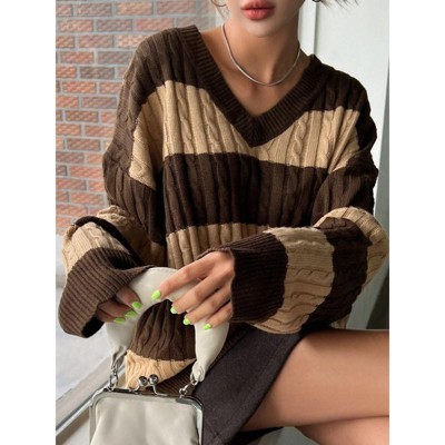 Coolmee Women's Cable Knit Sweaters Contrast Color Block Striped Sweaters Casual V Neck Long Sleeve Ribbed Cuff Loose Fit Pullover Tops M Brown