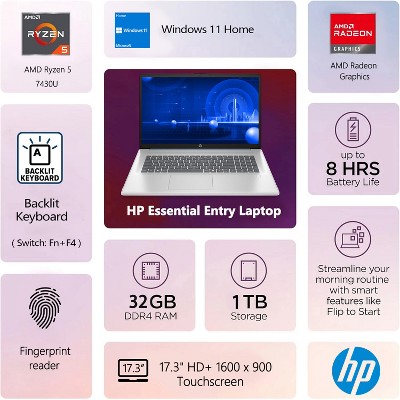 HP Essential 17 17.3" HD+ Touch Laptop, Ryzen 5 7430U, DDR4, SSD, Radeon Graphics, Wi-Fi 6, Windows 11, Blue