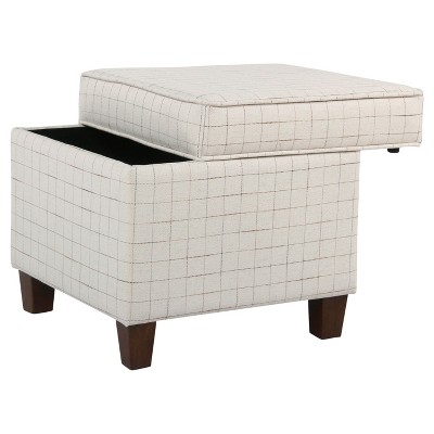 Grid-Patterned Beige and Brown Wooden Square Ottoman with Hidden Storage