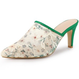 Allegra K Women's Lace Mesh Floral Embroidered Stiletto Heels Slide Mules - 1 of 4