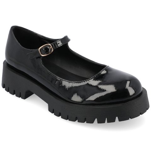 Обувь Journee Collection Women's Kamie Mary Jane Round Toe Buckle Flats Patent/Black 7