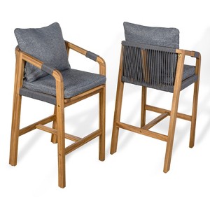 Porto Modern Coastal Tub Roped Acacia Wood Outdoor Bar Stool with Cushions and Armrests -JONATHAN Y - 1 of 4
