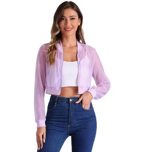 INSPIRE CHIC Women's Long Sleeve Stand Collar Crop Sheer Mesh Bomber Jacket - 1 of 4