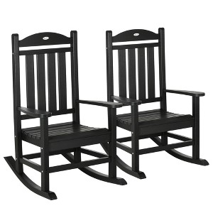 Outsunny 2 Pc Outdoor Rocking Chair, Traditional Slatted Porch Rocker with Armrests, Waterproof HDPE, Black - 1 of 4