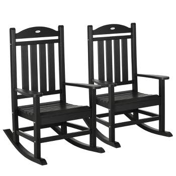 Outsunny 2 Pc Outdoor Rocking Chair, Traditional Slatted Porch Rocker with Armrests, Waterproof HDPE, Black