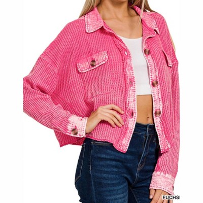 Women's Acid Wash Waffle Knit Crop Shacket - ZENANA