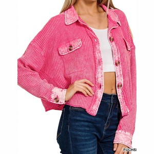 Women's Acid Wash Waffle Knit Crop Shacket - ZENANA - 1 of 2