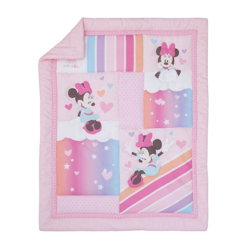Disney Minnie Mouse Be Happy Pink Rainbow, Stars, and Clouds 3 Piece Nursery Mini Crib Bedding Set - Comforter and Two Fitted Mini Crib Sheets, 2 of 6