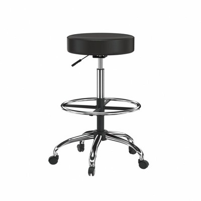 Sleek Adjustable Black Leather Swivel Drafting Stool