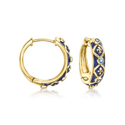 Ross-Simons 0.30 ct. t.w. Sapphire and Blue Enamel Fleur-De-Lis Hoop Earrings in 18kt Gold Over Sterling