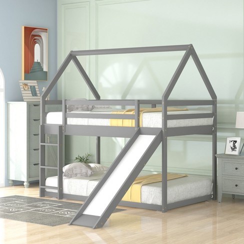 Twin Over Twin House Bunk Bed With Slide And Ladder, Gray-modernluxe ...