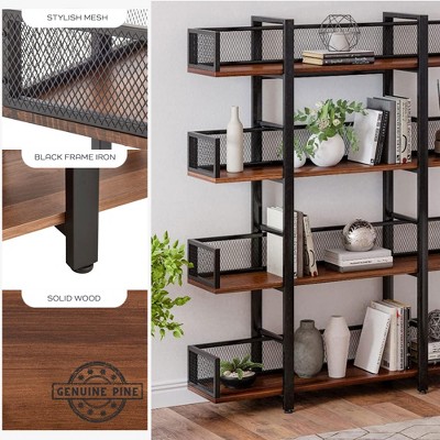 Sturdis Black Metal Frame Industrial Bookshelf with Walnut Wood Shelves