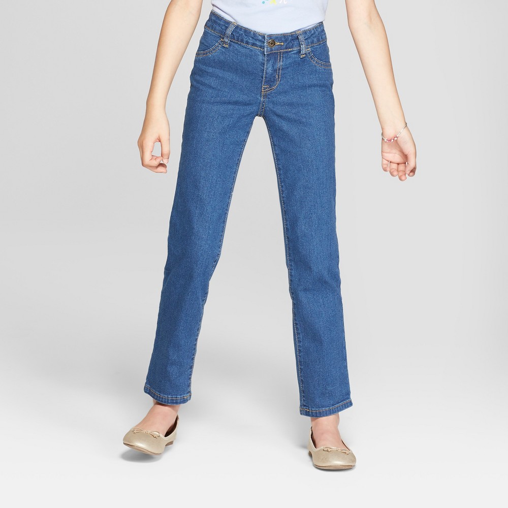Size 10 Girls' Mid-Rise Straight Jeans - Cat & Jack™ Medium Wash 10 Slim