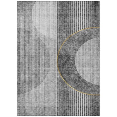 Charcoal Gray And Silver Geometric Washable Indoor Outdoor Area Rug