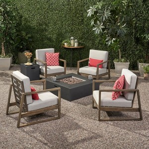 GDFStudio Lafayette Outdoor Acacia Wood 5 Piece Club Chair and Fire Pit Set with Cushions - 1 of 4