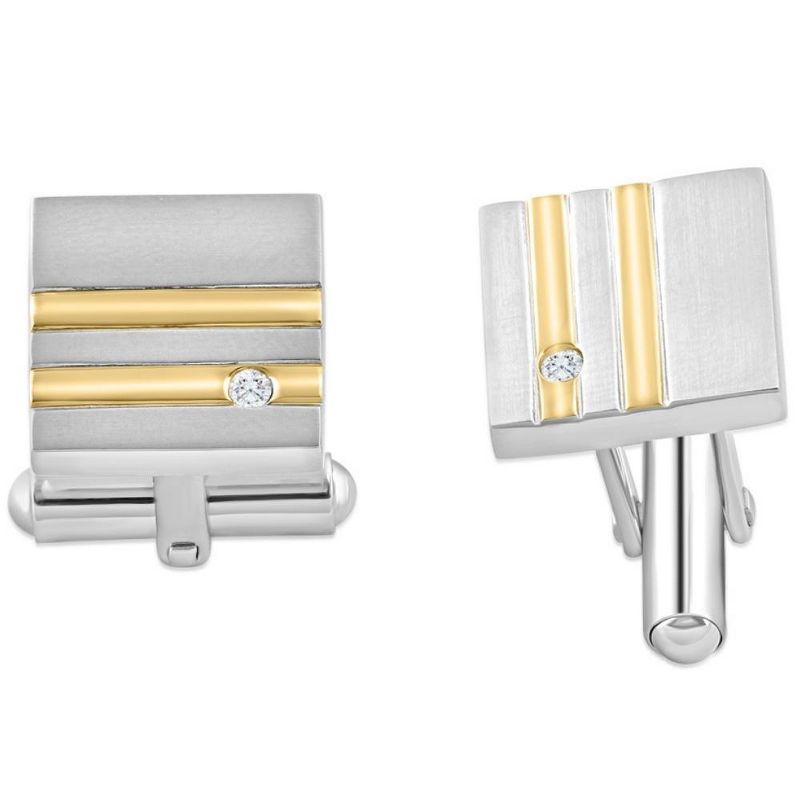 Pompeii3 Men's Stainless Steel And Gold Double Striped Square Polished 14mm Cufflink, 1 of 4