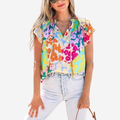 Amaryllis Women’s Multicolor Floral Ruffle Sleeve Blouse Split Neck Pleated Texture Lightweight Relaxed