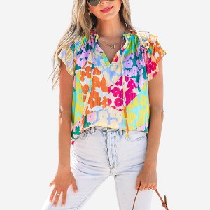 Amaryllis Women’s Multicolor Floral Ruffle Sleeve Blouse Split Neck Pleated Texture Lightweight Relaxed - 1 of 4