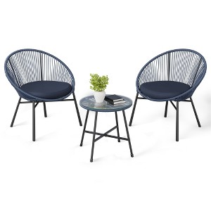 3 Piece Patio Bistro Set, Outdoor Acapulco Chairs Set of 2 with Glass Top Table, All Weather Modern Patio Chairs with Cushions - 1 of 4