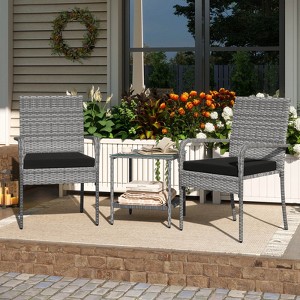 Costway 3 PCS Patio Furniture Set with 2-Tier Table Tempered Glass Tabletop & Soft Cushions White/Black/Brown - 1 of 4