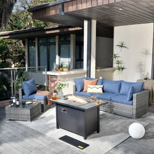 Venice 6pc Wicker Outdoor Patio Furniture Set Conversation Sofa with a Metal Fire Pit and Cushions - 1 of 4