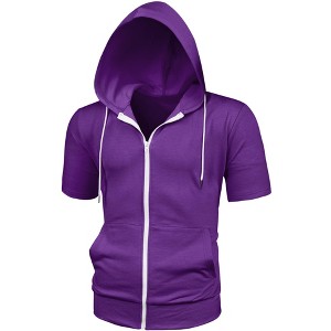 INSPIRE CHIC Men's Solid Color Zip Up Short Sleeve Hoodies Sweatshirt - 1 of 4