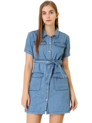 Allegra K Women's Jean Casual Collared Belted Button Down Denim Shirt Dress