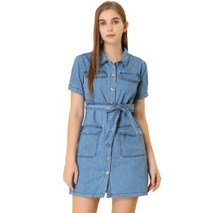 Allegra K Women's Jean Casual Collared Belted Button Down Denim Shirt Dress - 1 of 4