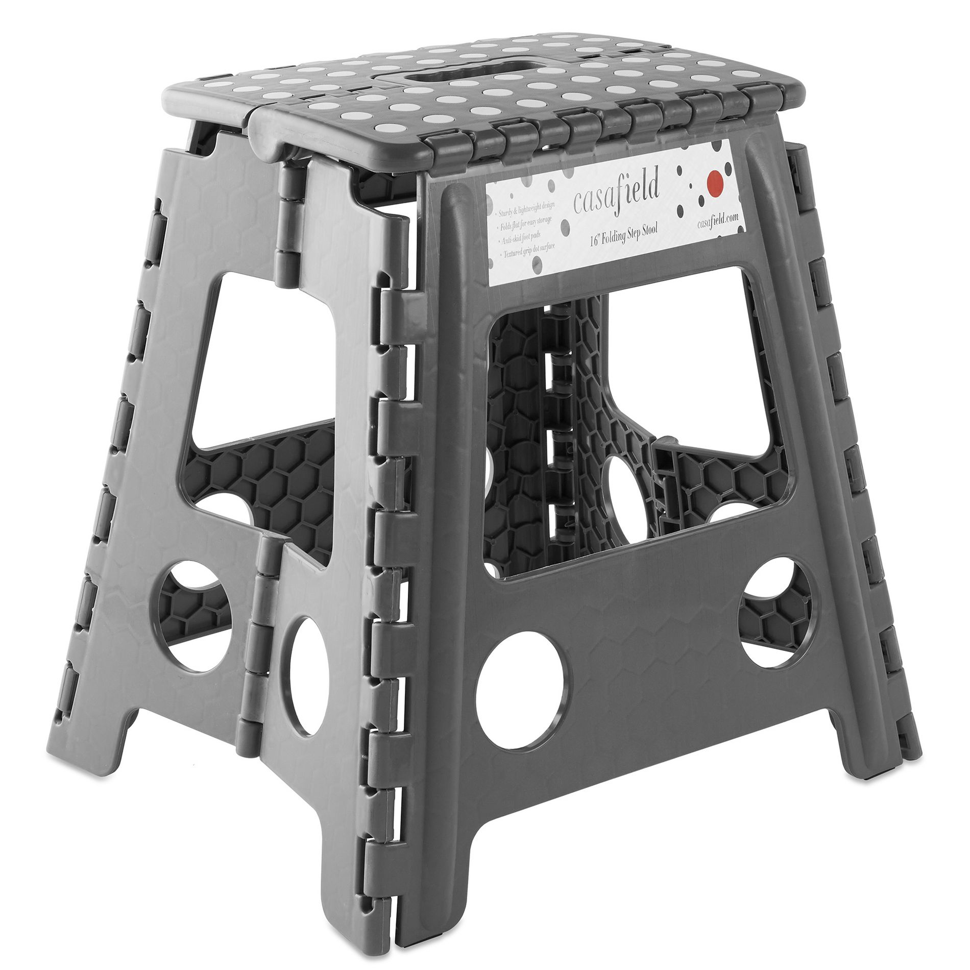 Casafield 16" Folding Step Stool with Handle - Gray, Collapsible Foot Stool for Adults, Use in Kitchen and Bathroom