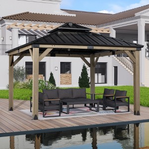 Aoodor  Wood Gazebo,Outdoor Upgrade Cedar Wooden Frame Gazebo with 2-Tier Galvanized Steel Roof - 1 of 4