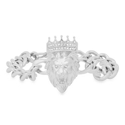 Steeltime Men's stainless steel cuban link and simulated diamonds lion head & crown bracelet. Color Options: Silver, Gold