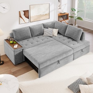 91.5" Convertible L-Shaped Sectional Sofa Bed with Pull-Out Bed and Hidden Storage, Wide Flip-Top Armrest with Storage - 1 of 4