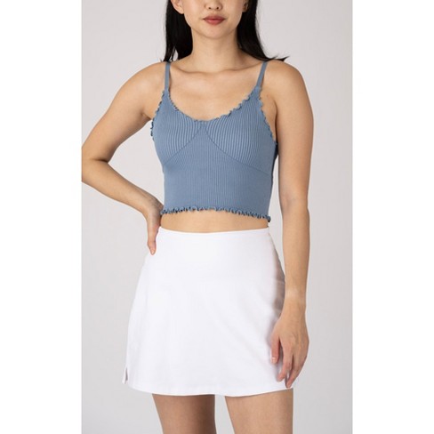 Yogalicious Womens Ribbed Seamless Kendall Lettuce Edge Cropped Tank Top -  Faded Denim - Small