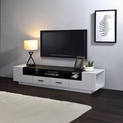 70" Melamine Veneer TV Stand with 2 Drawers, 5 Open Compartments and Wooden Base for Living Room and Bedroom