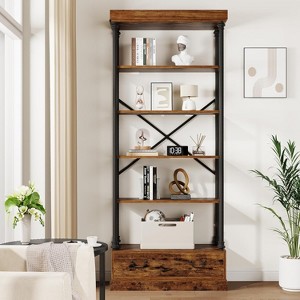 Modern Bookshelf with Drawers,Tall Standing Bookshelves Metal Frame Large Display Racks Book Shelf for Bedroom,Living Room,Brown - 1 of 4